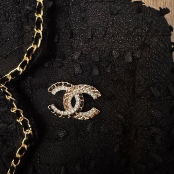 CHANEL Jewelry - Super Rare Classic Chanel CC Logo Leather, Pearl, Crystal and Gold Brooch